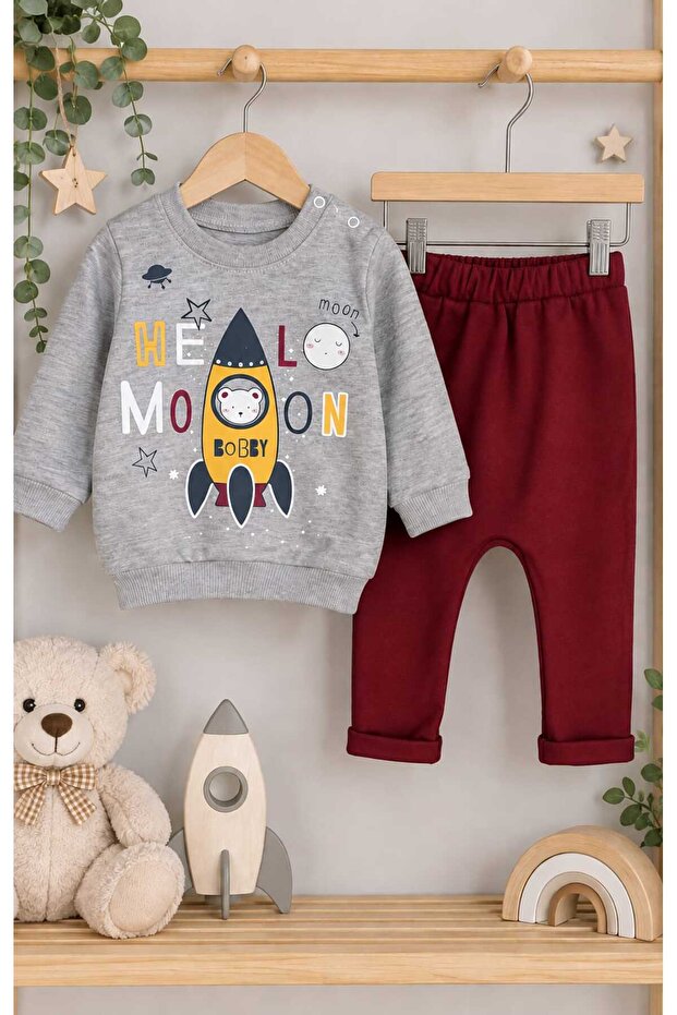 100% Cotton Space Themed Comfortable Fit Snap-On Shoulder Baby Boy Double Pajama Set