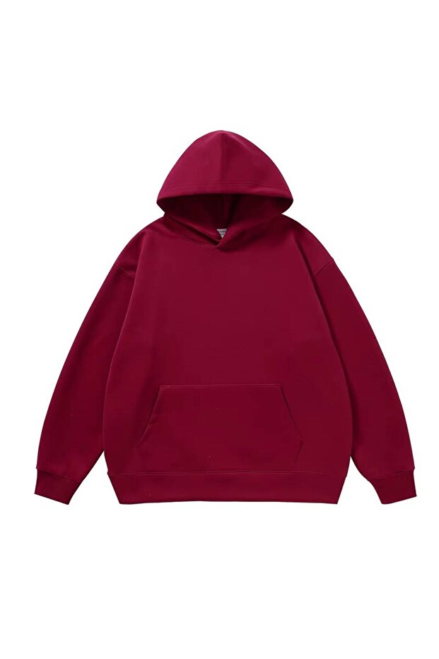 Unisex Oversize 3 Thread Raster Plain Design Hooded Sweatshirt with Kangaroo Pocket