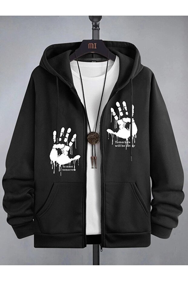 3 Thread Black Hand Zippered Winter Cardigan - Printed Oversized Hooded Jacket