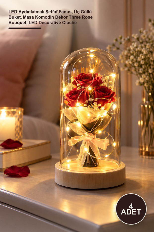 4 Pieces Rose Bouquet Led Cloche – Transparent Cloche with Led Lighting, Bouquet of Three Roses, Table Nightstand Decor Three Rose Bouquet, Led Decorative Cloche