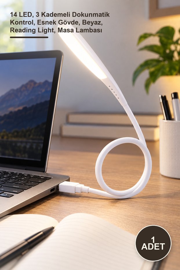 1 Piece Compact USB Reading Lamp – 14 Leds, 3-Stage Touch Control, Flexible Body, White, Reading Light, Desk Lamp