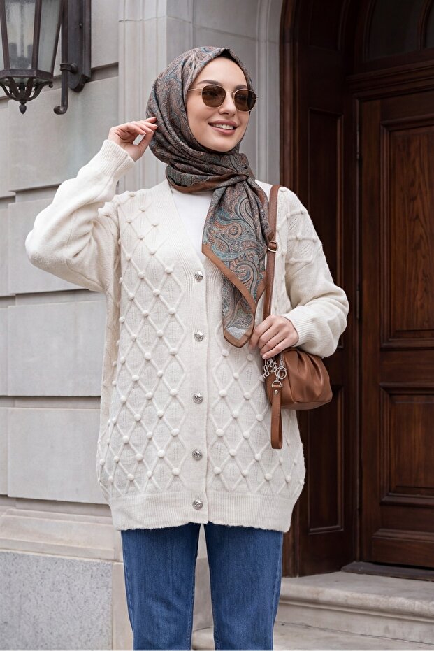 Embossed Pompom Detailed Buttoned Knitwear Cardigan - Stone Color