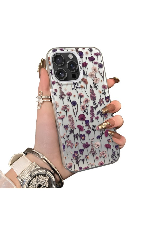 iPhone 16 Pro Max Compatible French Style Purple Tone Wild Flower Phone Case Shockproof