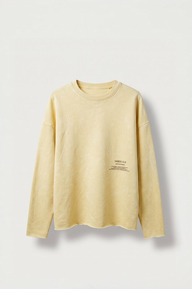 Men's Boxy Fit Crew Neck Washed Printed Sweatshirt Yellow