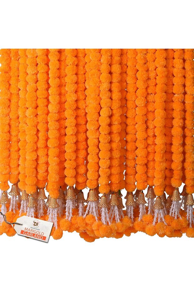 Marigold Garland for Decoration 5 Pcs of 5 feet Long Strands Artificial Marigold Flowers with Bell, Indian Décor for Pooja/Diwali/Rangoli/Wedding/Christmas