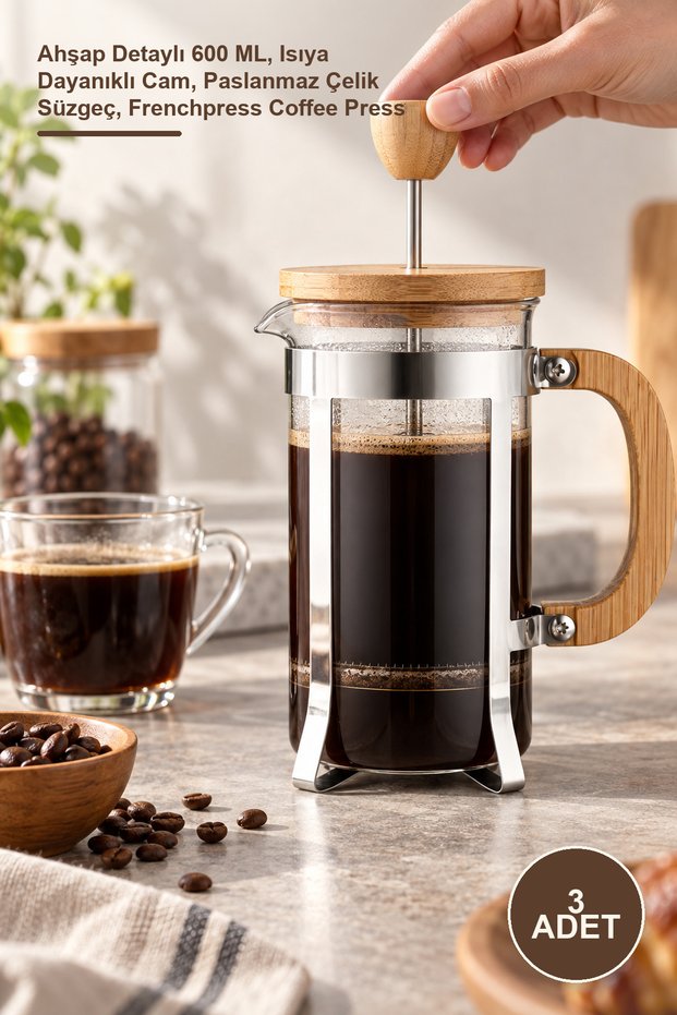 3 Pieces Glass French Press – 600 ml with Wooden Detail, Heat Resistant Glass, Stainless Steel Strainer, French Press Coffee Press