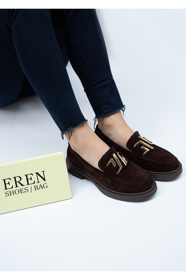 5528 Eren Shoes&Bag Genuine Leather Suede Buckle Detailed Low Heel Casual Comfortable Orthopedic Insole Shoes Real Leather Suede Brown
