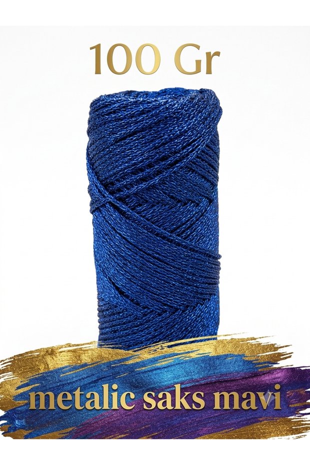Metalic Cotton Saks Blue Glittery Yarn Hand Knitting Supla Yarn 100 Gr
