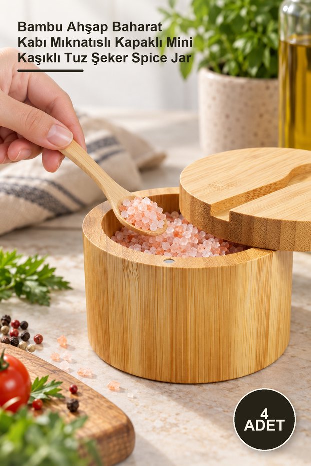 4 Pieces Wooden Spice Container with Spoon – Bamboo Wood Spice Container with Magnetic Lid Mini Salt Sugar Spice Jar with Spoon