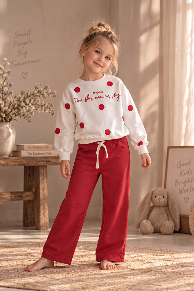 Girl's Soft Textured Polka Dot Patterned Top and Bottom Set
