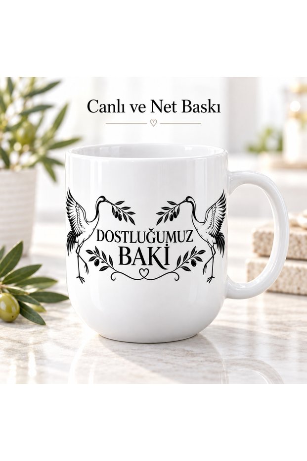 Porcelain Mug 300 ml with "Our Friendship" Written and Crane Bird Pattern, Gift for a Friend, Coffee and Tea Cup