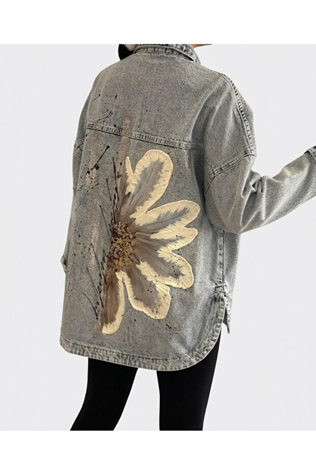 Oversized Denim Jacket with Floral Pattern on the Back, Signature Design and Glitter - Blue