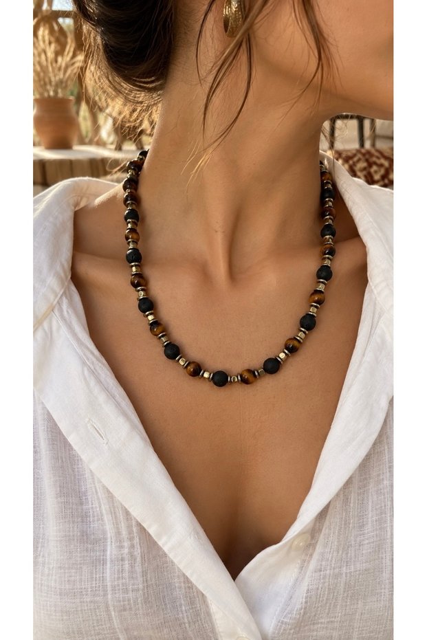 Lava Stone Natural Stone Hematite Natural Stone Design Women's Necklace Handmade Necklace Natural Stone Women's Necklace