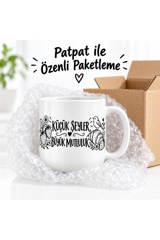 Porcelain Mug with the Saying "Little Things Big Happiness" 300 ml – Gift Coffee and Tea Cup with Floral and Bird Pattern