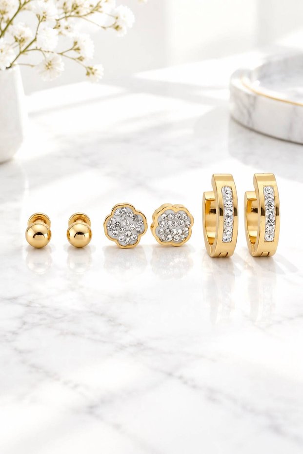 Stainless Steel Tarnish-Free 3-Pair Gold Earring Set - Clover Stud and Stone Hoop Earrings