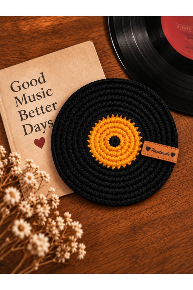 Hubush Handmade Retro Record Coaster – Knitted Vinyl Record Design-Orange