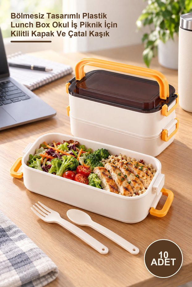 10 Pieces Two-Tier Lunch Box – Plastic Lunch Box with Compartment-Free Design, Lockable Lid and Fork Spoon for School, Work, Picnic