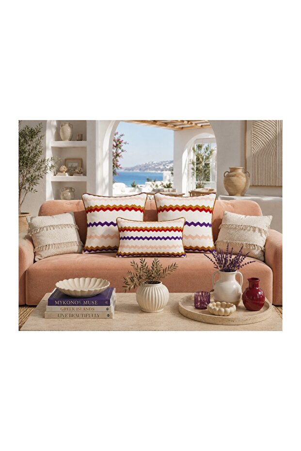 Zigzag Embroidered Salmon Colored Throw Pillow Cover