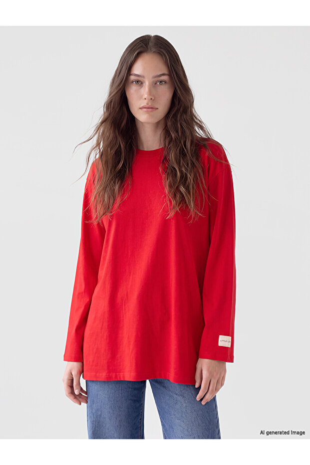 Two Mt Shop Quality Lcw Modest Red Combed Cotton Plain Loose & Baggy Women's Sweatshirt Tunic
