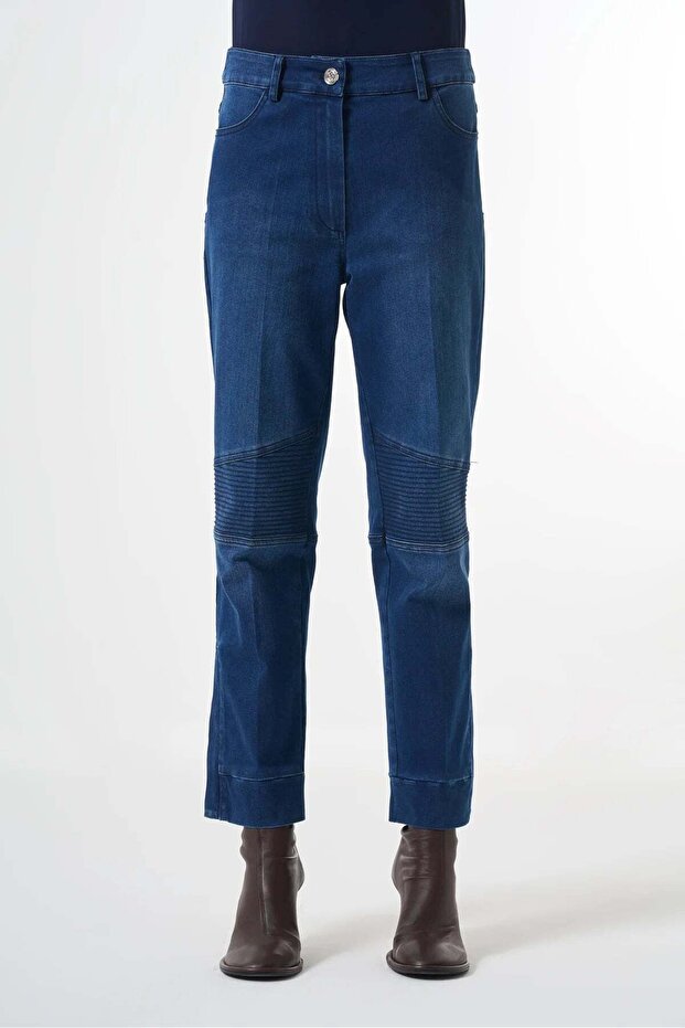 Ribbed-Detail Denim Trousers - Navy