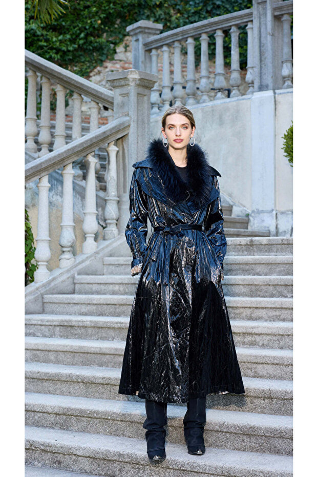 Glossy Belted Long Coat - Black