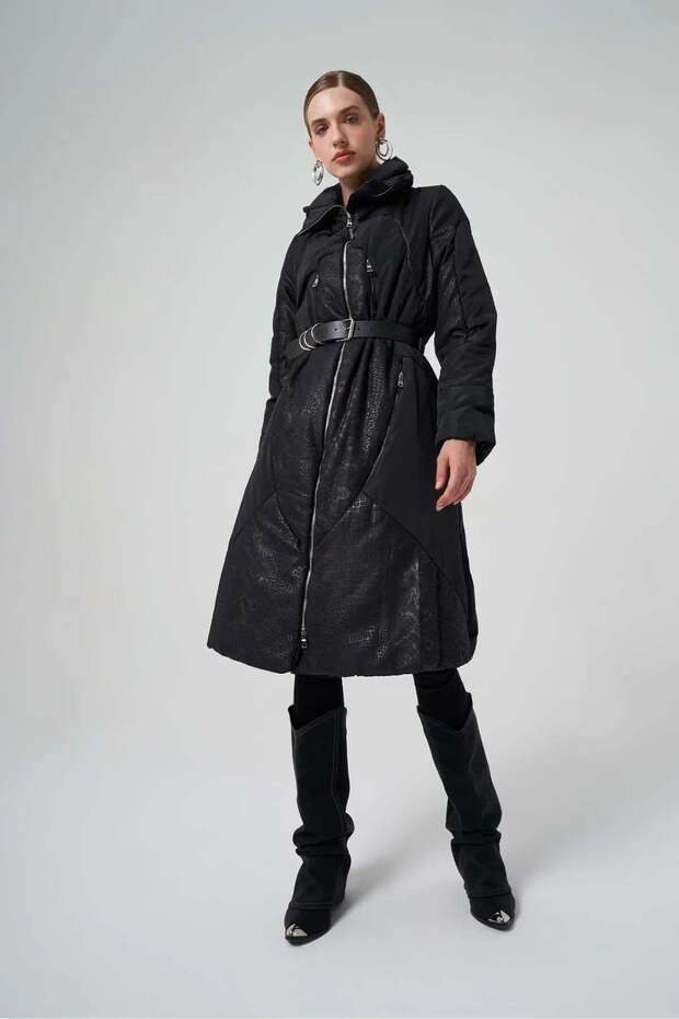 Belted Long Winter Coat with Zip Details - Black