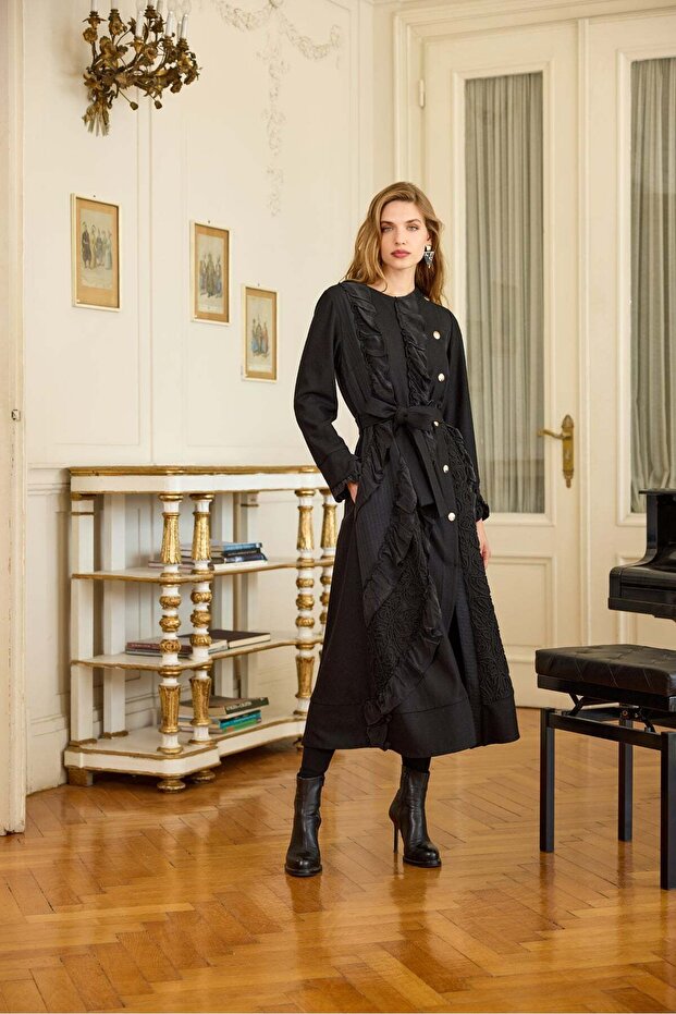 Long Coat with Ruffle and Textured Panel Details - Black
