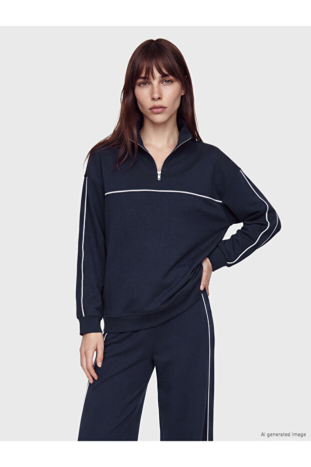 Two Mt Shop Quality Lcw Modest Navy Blue Interlock Plain Oversize Women's Sweatshirt Tunic
