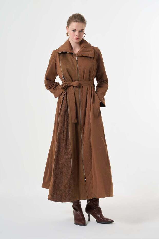 Belted Long Coat with Layered Front Detail - Brown