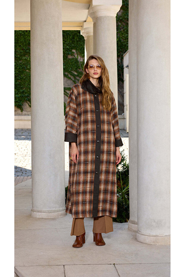 Long Wool-Blend Patterned Coat - Brown