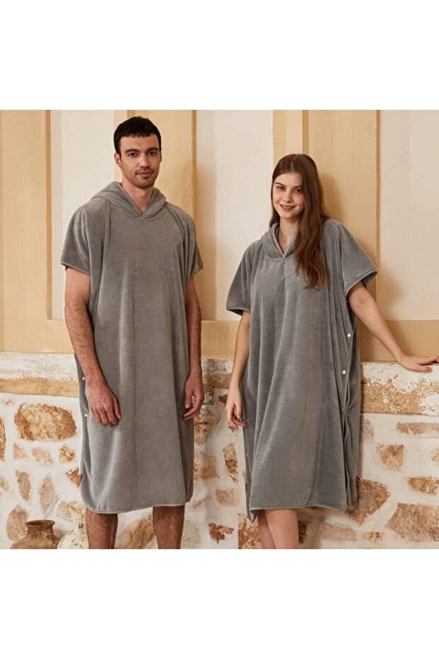 Plain Cappa Bathrobe, Snap Button Sides, Grey
