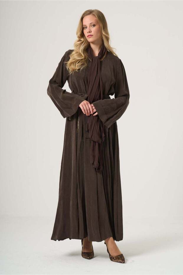 Belted Cupro Overcoat with Matching Scarf - Brown