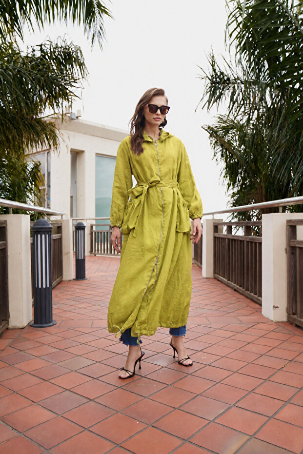Hooded Belted Linen Overcoat - Yellow
