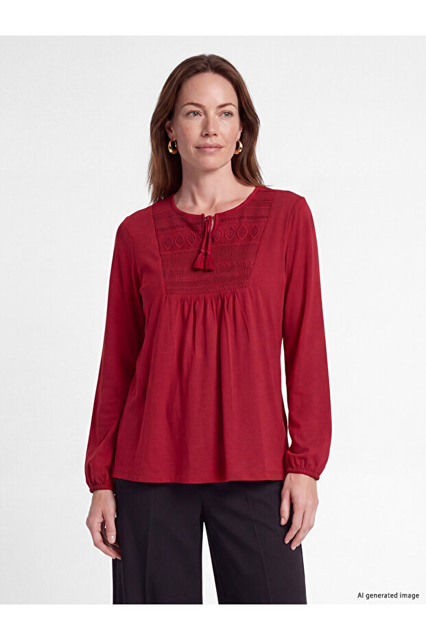 Özmarka New Season Red Tie-Neck Embroidered Blouse