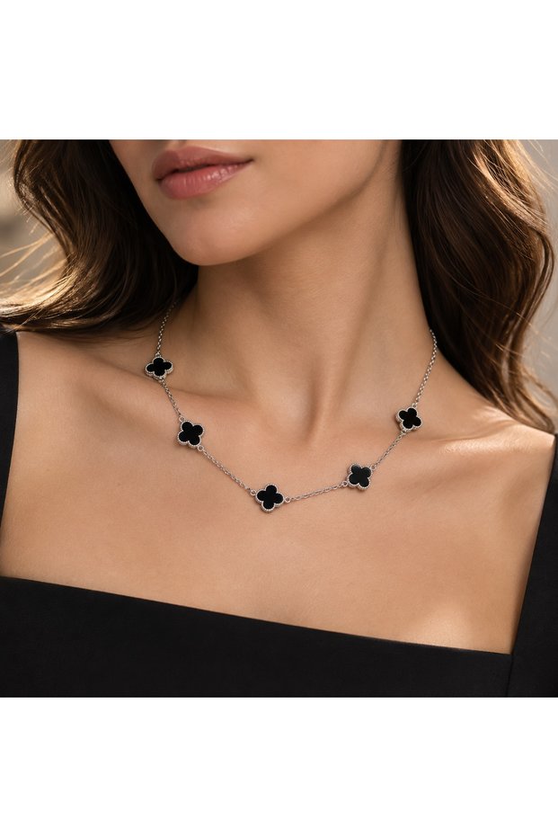 316L Stainless Steel Black 5 Clover Women's Necklace Silver Color