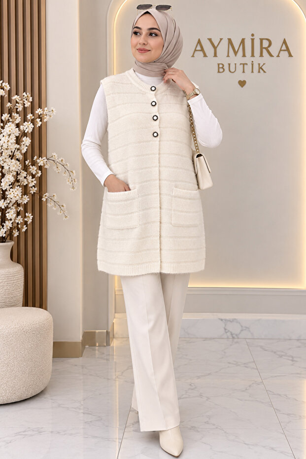Women's Ecru Knitwear Vest, Hijab-Compliant, Buttoned, Pocketed, Long Knitted Soft Bearded Vest