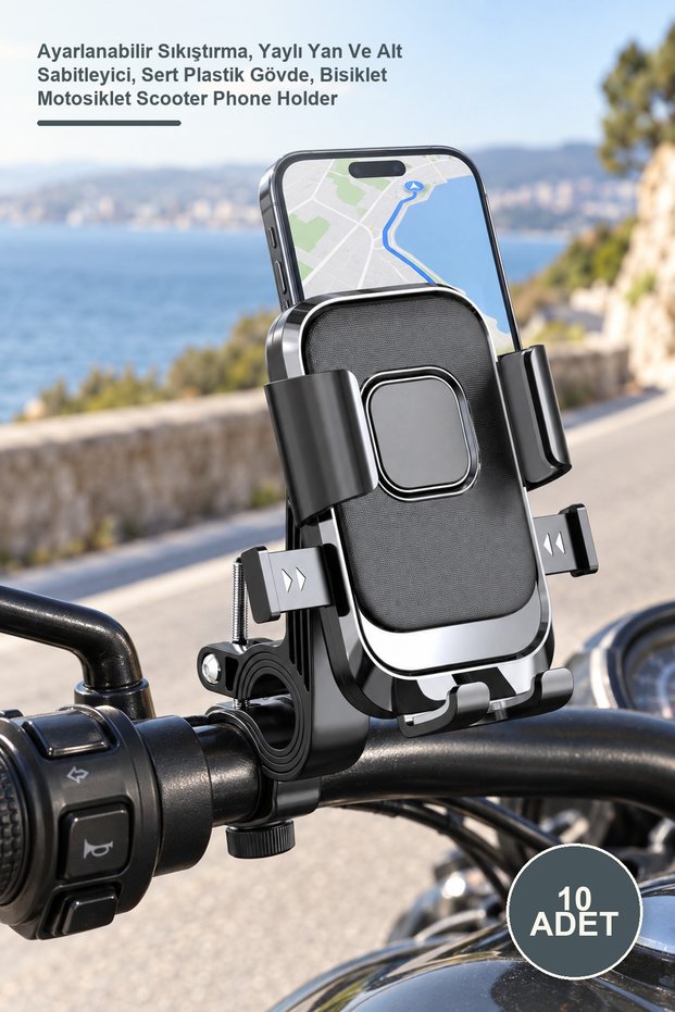 10 Pieces 360 ° Handlebar Phone Holder – Adjustable Clamping, Spring-Loaded Side and Bottom Stabilizer, Hard Plastic Body, Bicycle Motorcycle Scooter Phone Holder