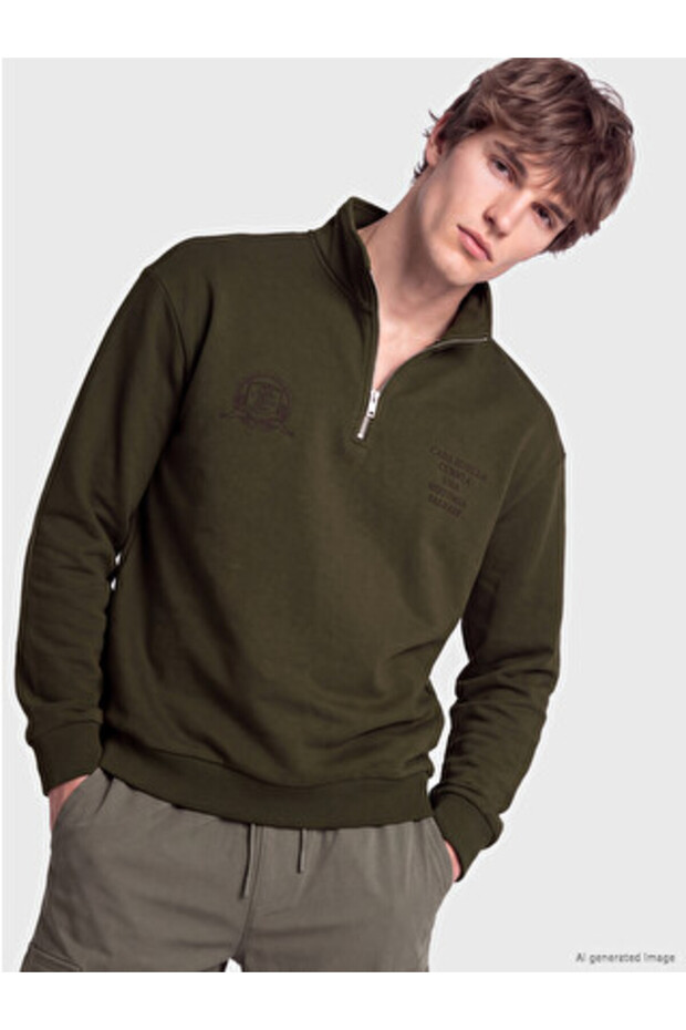 Khaki Stand Collar Printed Men's Sweatshirt
