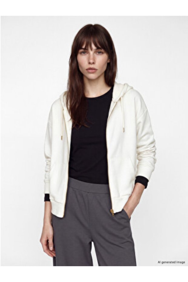 Ecru Hooded Oversize Women's Zippered Sweatshirt