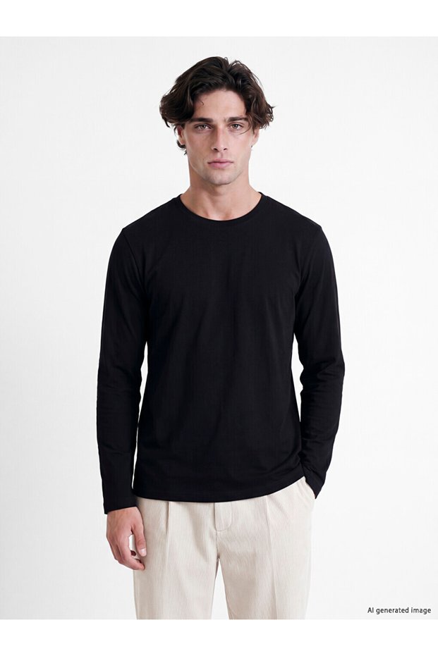 Peak New Season Black Crew Neck Long Sleeve Combed Cotton Men's T-Shirt