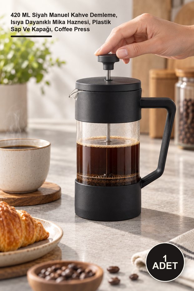 1 Piece French Press – 420 ml Black Manual Coffee Brewing, Heat Resistant Mica Chamber, Plastic Handle and Lid, Coffee Press