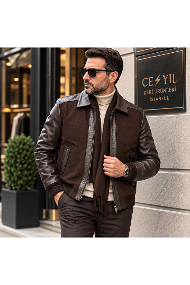 Special Design Men's Coat Made from Genuine Leather and Cashmere Blend