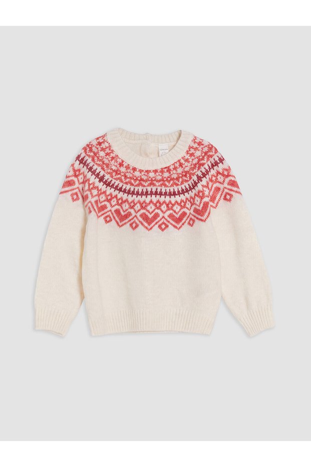 Alita City Ecru Oval-Necked Girls' Knitwear Sweater with a Difference in Color