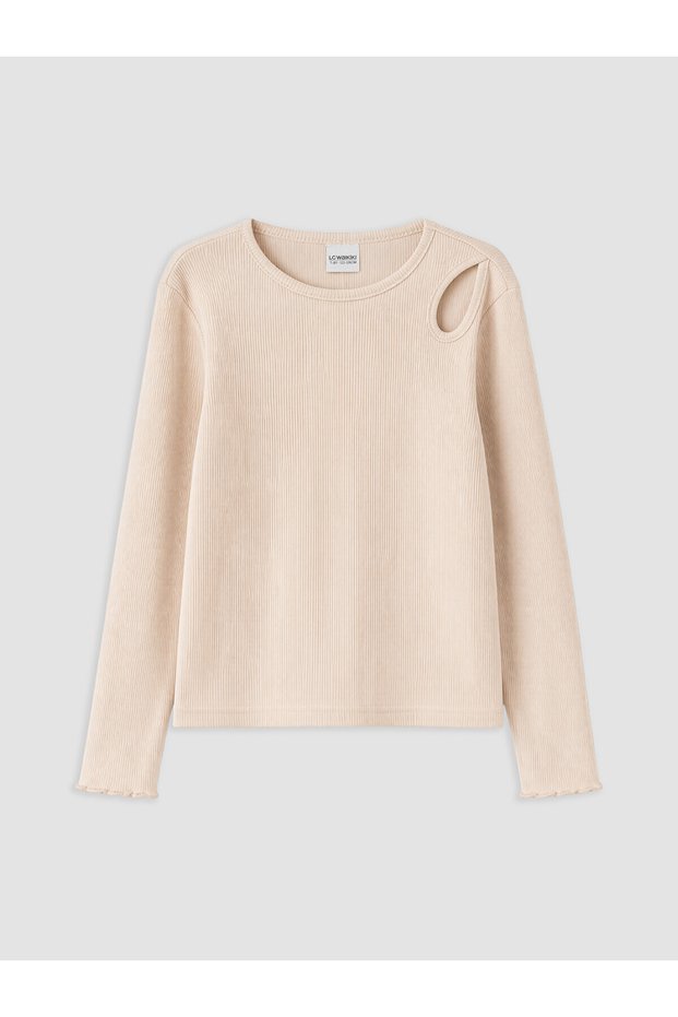 Two Mt Shop Quality Beige Oval Collar Window Detail Girls' T-Shirt
