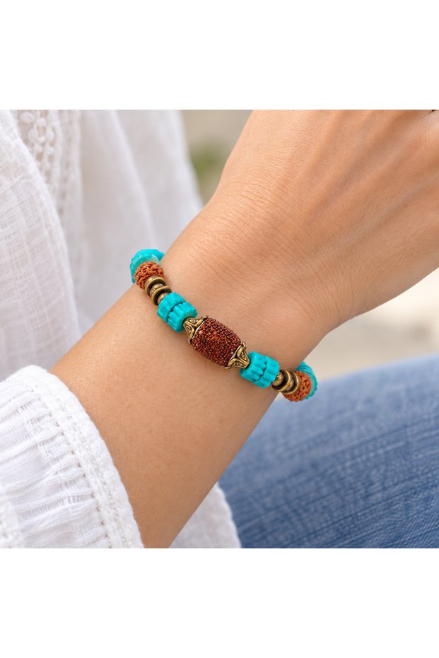 Turquoise Brown Beaded Special Design Women's Bracelet with Antique Gold Detail