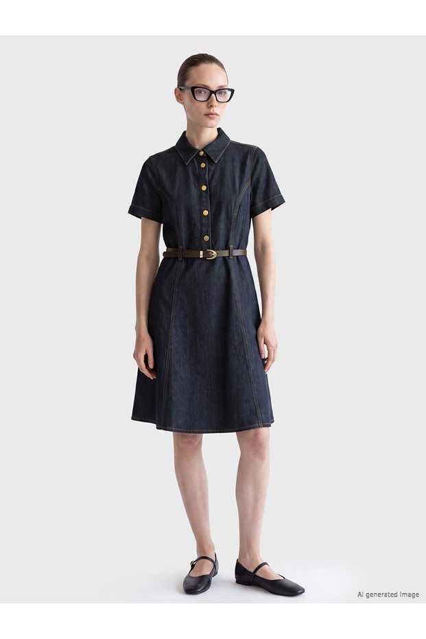 Two Mt Shop Quality Lcw Comfort Indigo Denim Straight Standard & Regular Shirt Collar Mini Jean Dress