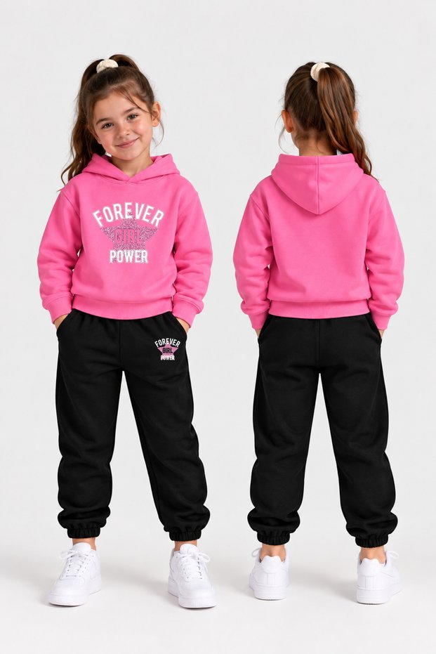 Girls' Hooded Tracksuit Set – Printed Hoodie Sweatshirt and Sweatpants Winter Outfit