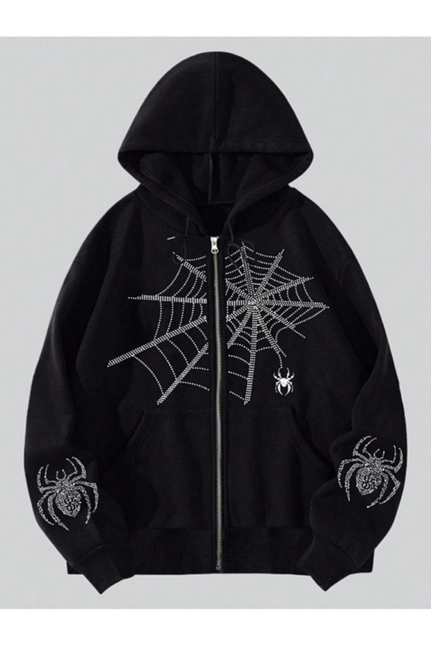 Spider Web Rhinestone Gothic Hoodie