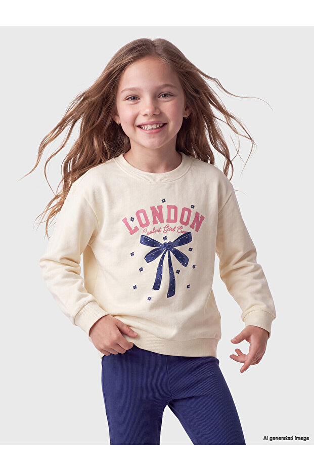 Two Mt Shop Quality Ecru 3 Thread Printed Standard & Regular Girls' Sweatshirt