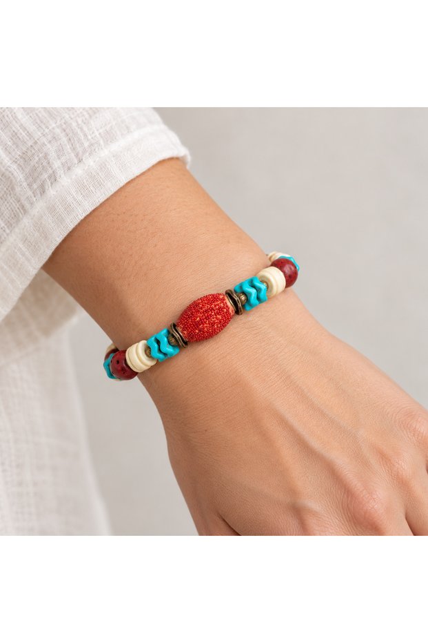 Red Turquoise Cream Beaded Antique Gold Detailed Special Design Women's Bracelet